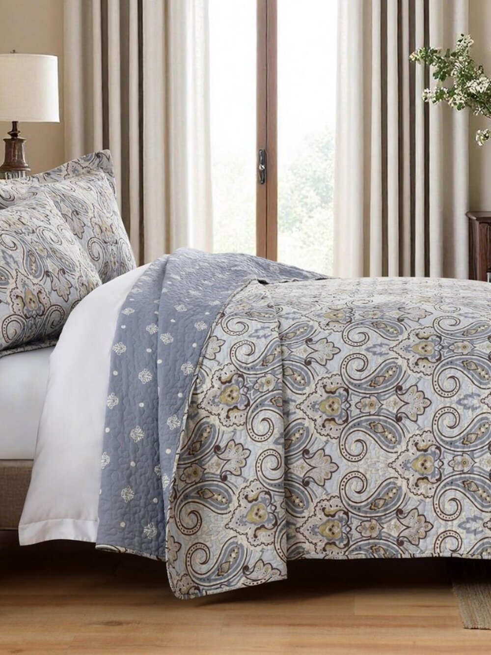 100% Cotton Paisley Quilt Set, Queen Bedspreads, Floral, Blue/Gray